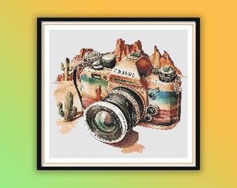 Vintage Watercolor Camera Cross Stitch Pattern: Travel-Inspired Embroidery Design (PDF Download)