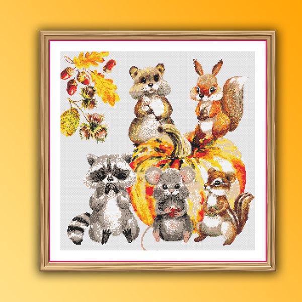 Autumn Woodland Friends Counted Cross Stitch Pattern, Forest Animals, Rabbit, Fox, squirrel, Leaves, Acorns, Nuts, Rowan, Autumn Embroidery