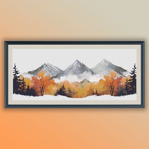 Aquarell Herbst Wald Berge Kreuzstich PDF Muster, moderne Kreuzstichvorlage, Handstickerei