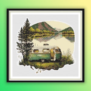 "Aquarell Retro Camping am See am Waldrand Kreuzstich PDF Muster, ""Kiefer"" Baum, See und Berge, Handstickerei, Nadelspitze."
