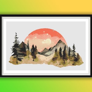 Aquarell Kiefernwald und Berge Landschaft Kreuzstich PDF Muster, Kiefern, Handstickerei, Nadelspitze, Berg Sonnenuntergang