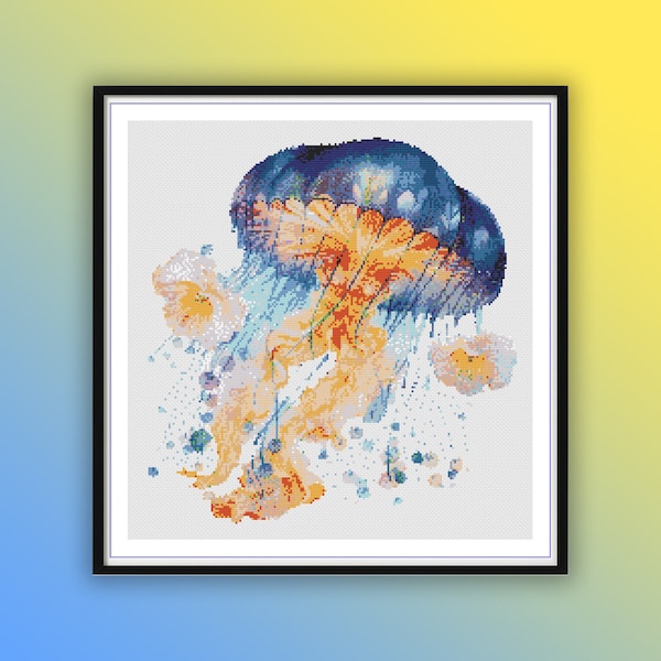 Bordado de medusas marinas con acuarela vibrante: patrón de punto de cruz en PDF para amantes de la vida marina