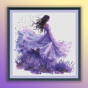 Watercolor Lavender Princess Cross Stitch Pattern: Spring Landscape (PDF Pattern)