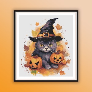 May include: A black cat wearing a witch's hat and holding two orange jack-o'-lantern pumpkins. The cat is surrounded by autumn leaves and a watercolor background.