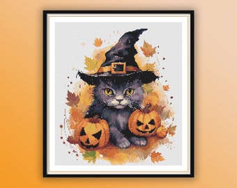 Watercolor Halloween Witch Cat Counted Cross Stitch PDF Pattern, Spooky Halloween Animals, Hand Embroidery, Modern Cross Stitch