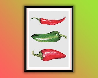 Vibrant Watercolor Hot Peppers Cross Stitch PDF: Colorful Kitchen Decor & Vegetable Art Pattern