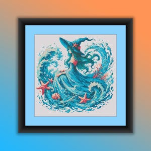 May include: A blue and green cross stitch pattern of a witch with a blue dress and a pointed hat, standing in a wave with starfish and seashells.