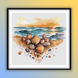 Watercolor Sea Shells On The Beach Counted Cross Stitch PDF Pattern, Nautical, Marine, Sea Treasures, Hand Embroidery, Needlepoint Chart
