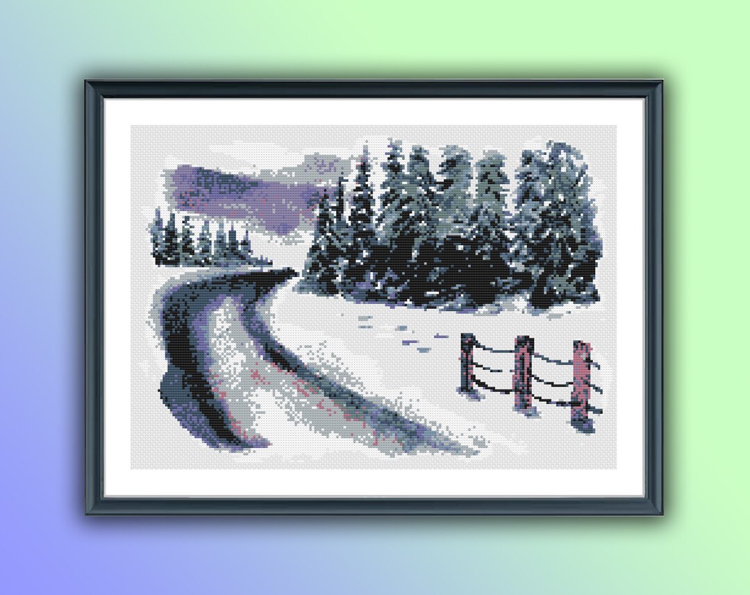 Watercolor Forest and Snowy Road Counted Cross Stitch PDF Pattern ...