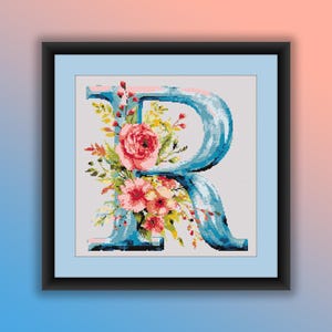 Patrón de punto de cruz en PDF, letra R con flores de acuarela, flores de primavera, alfabeto floral, bordado a mano, gráfico de punto de cruz moderno