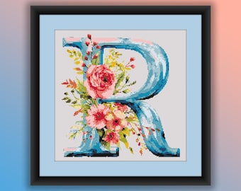 Patrón de punto de cruz de la letra R con diseño floral en acuarela - Flores de primavera (PDF, descarga instantánea).