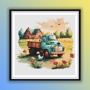 Puede incluir: Un camión azul vintage con una cama de madera está estacionado en un campo con un granero rojo en el fondo. El camión está rodeado de hierba verde y flores rojas.