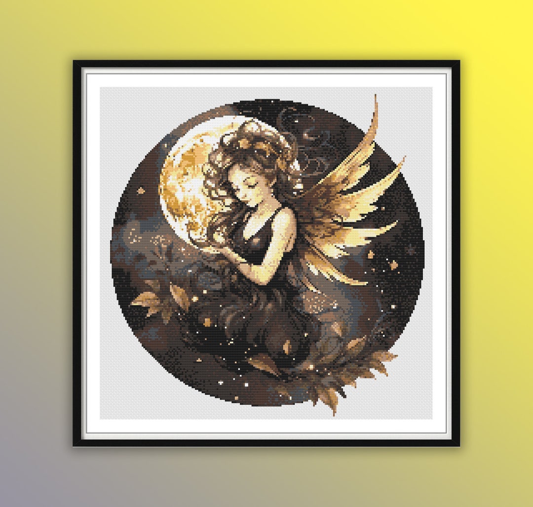 Watercolor Gold Moon Fairy Counted Cross Stitch PDF Pattern, Spooky ...