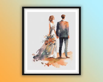 May include: A watercolor painting of a bride and groom holding hands. The bride is wearing a white dress with a floral bouquet. The groom is wearing a gray suit. The painting has a soft, romantic feel.