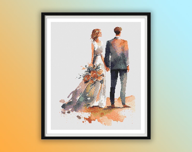 Aquarelle Bride and Groom Counted Cross Stitch PDF Pattern, Saint-Valentin, Point de croix de mariage, Broderie à la main, Tableau Needlepoint image 1