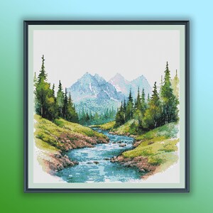 Aquarell Wald Fluss Landschaft Kreuzstich PDF Muster, moderne Kreuzstichvorlage, Handstickerei