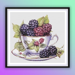 Watercolor Blackberries in The Cup Counted Cross Stitch PDF Pattern, Autumn Fruits, Modern Cross Stitch Chart, Hand Embroidery