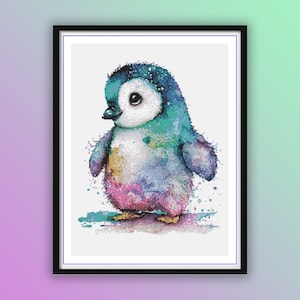 May include: A watercolour painting of a blue and purple penguin with a white belly. The penguin is standing on a white background with blue and green watercolour splatters.