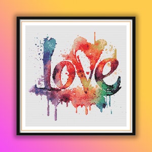 May include: A colorful watercolor painting of the word "LOVE" with a dripping effect. The word is in a bold, stylized font and is surrounded by splashes of color.