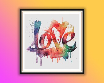 Watercolor Love Sign Cross Stitch Pattern - Romantic Valentine's Day Wedding Needlepoint PDF