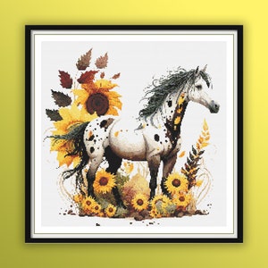 Watercolor Magical Horse With Sunflowers Counted Cross Stitch PDF Pattern, Farm Animals, Modern Cross Stitch Chart, Hand Embroidery