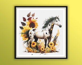 Watercolor Magical Horse With Sunflowers Counted Cross Stitch PDF Pattern, Farm Animals, Modern Cross Stitch Chart, Hand Embroidery