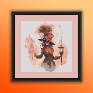 Aquarel steampunk heks getelde kruissteek pdf-patroon, halloweenheks, moderne kruissteekkaart, handborduurwerk