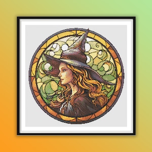 Gebrandschilderd glas-stijl heks getelde kruissteek pdf-patroon, halloweenheks, moderne kruissteekkaart, handborduurwerk