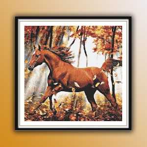Autumn Horses Counted Cross Stitch PDF Pattern, Farm Animals, Fall Leaves, Autumn Forest, Landscape, Hand Embroidery, Needlepoint