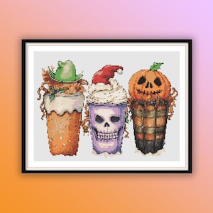 Seasonal Drinks Watercolor Cross Stitch Pattern: Halloween, Christmas, Coffee Embroidery PDF