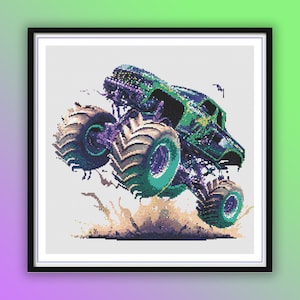 Aquarell Monstertruck PDF Kreuzstichmuster, Geländewagen Berge Landschaft, Abenteuer Camping, Handstickerei