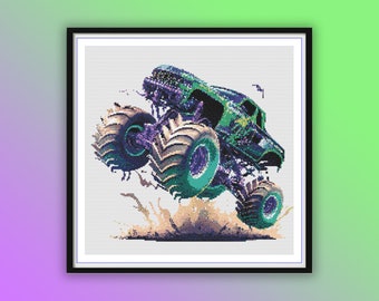 Watercolor Monster Truck Counted Cross Stitch PDF Pattern, Off Road Jeep,  Mountains Landscape, Advanture Camping, Hand Embroidery