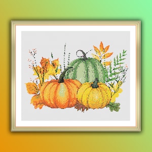 Autumn Harvest Cross Stitch: Pumpkin Patch with Falling Leaves PDF Pattern for Thanksgiving Decor