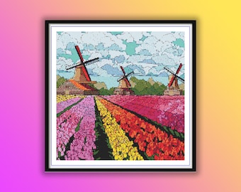 Watercolor Spring Fields Windmills Cross Stitch Pattern: Tulips, Garden Landscape Embroidery PDF