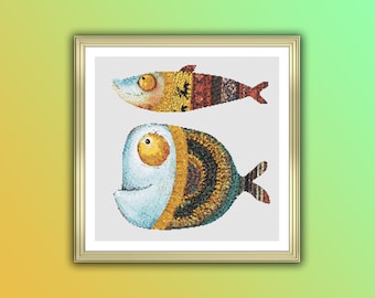 Wunderliches Aquarell Fisch Kreuzstichmuster: Sofortiger PDF-Download für Folklore-Stickerei zum Thema Ozean