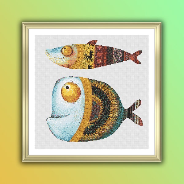 Watercolor Folk Fish Counted Cross Stitch PDF Pattern, Aqua World, Ocean Animals, Instant Download Cross Stitch Chart, Folk Fish Embroidery