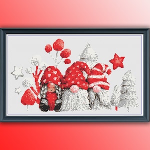 Schema PDF per punto croce contato Gnomi di Natale, Punto croce Buon Natale, Albero di Natale, Gnomo di Babbo Natale