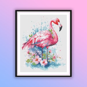Tropical Flamingo Watercolor Cross Stitch Pattern: Pink Floral Birds PDF for Modern Embroidery