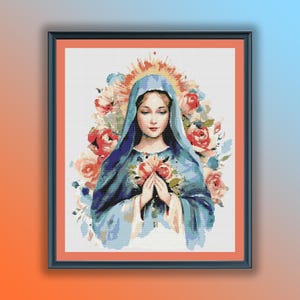 May include: A painting of the Virgin Mary in a blue robe with a crown of flowers. She is holding a bouquet of pink and red flowers in her hands and is looking down.