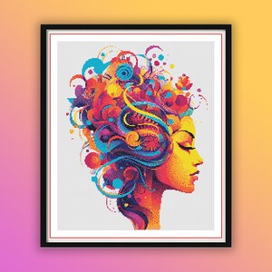 Könnte beinhalten: Ein farbenfrohes abstraktes Porträt einer Frau mit einem lebendigen Blumendesign in ihren Haaren. Das Gesicht der Frau ist zur Seite gedreht und ihre Augen sind geschlossen. Der Hintergrund ist weiß.