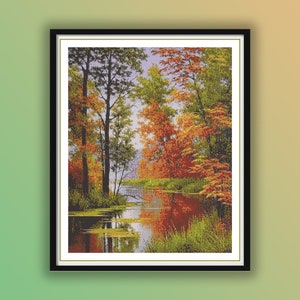 Scenic Autumn Lake Forest Landscape Counted Cross Stitch Pattern PDF - Watercolor Embroidery Design
