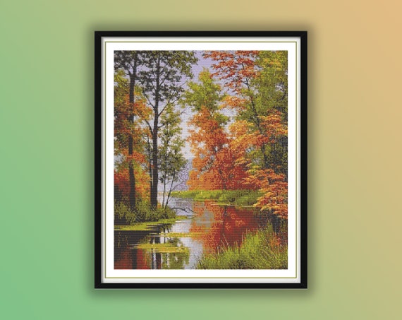 美しい秋の湖畔林の風景を描いたクロスステッチの図案（PDF） - 水彩