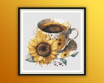 Watercolor Sunflower Coffee Counted Cross Stitch PDF Pattern, Coffee Lover Cross Stitch, Coffee Cup, Modern Cross Stitch, Hand Embroidery