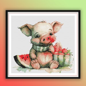 Watercolor Baby Pig Likes Watermelon Counted Cross Stitch PDF Pattern, Cute Farm Animals, Baby Animals, Baby Shower Hand Embroidery