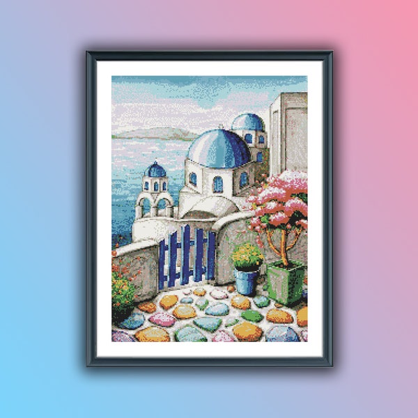 Watercolor Seaside Old Town Counted Cross Stitch PDF Pattern, Summer Seascape Cross Stitch, Seaside Landscape, Rustic Summer Town Houses