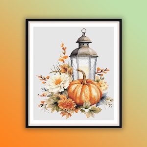 Vintage Watercolor Pumpkin Lantern Cross Stitch Chart - Autumn Composition PDF Pattern