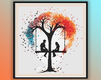 Patrón de punto de cruz "Romance con árbol de acuarela": Pareja en columpio, gráfico de bordado a mano en PDF