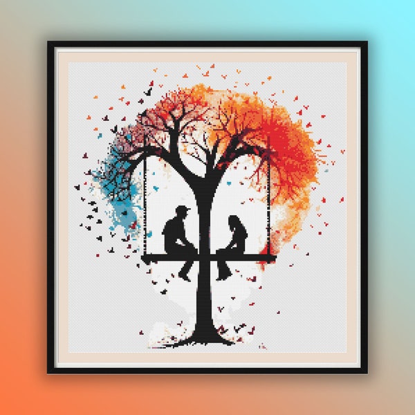 Watercolor Tree of Love Counted Cross Stitch PDF Pattern, Romantic Couple on Swing, Hand Embroidery, Modern Cross Stitch Chart