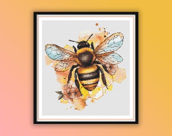 Aquarell Honigbienen und Blumen PDF Kreuzstichmuster, Hummel, Frühlingsblumen und Bienenkönigin, Handstickerei