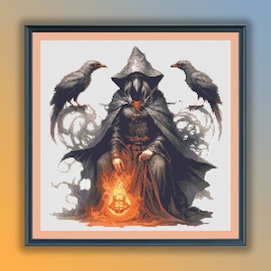 Aquarel donkere Halloween heks getelde kruissteek pdf-patroon, moderne kruissteekkaart, handborduurwerk
